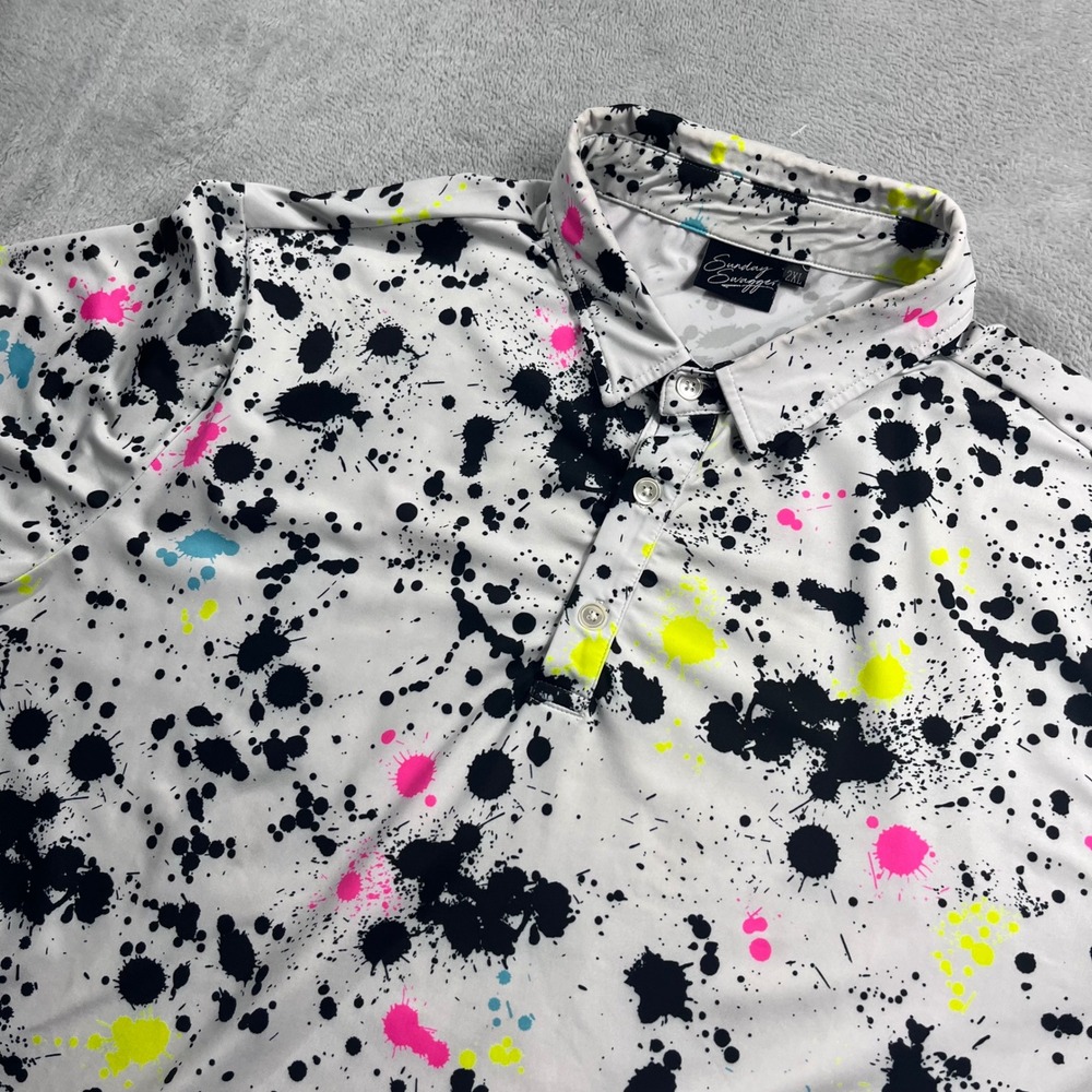 Sunday Swagger Mens 2XL Paint Splatter Golf Polo Shirt White Neon Multicolor